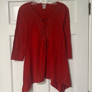 Chico's Red Lace Detail V-neck asymmetrical, handkerchief hem Tunic top
